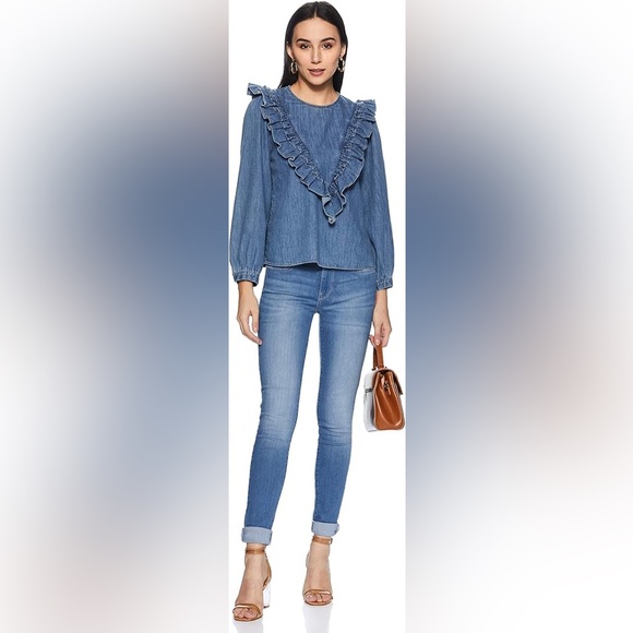 Zara Blue Denim Ruffle V-Front Blouse - Picture 2 of 7